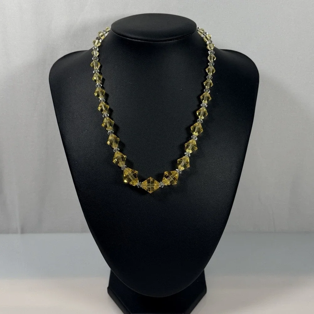 Vintage Faceted Glass Necklace Yellow Bicone Beads Clear Crystal Spacers 16